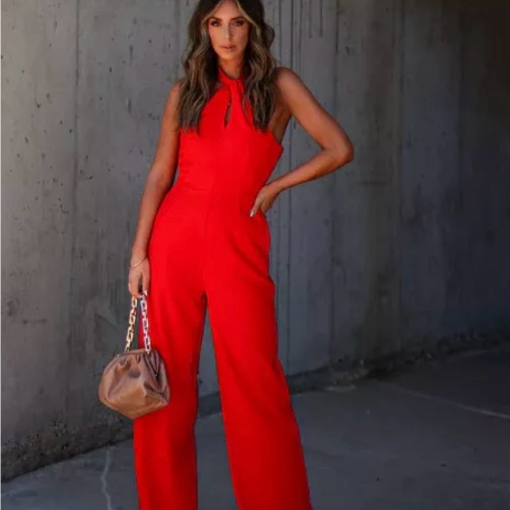 Red twist halter jumpsuit